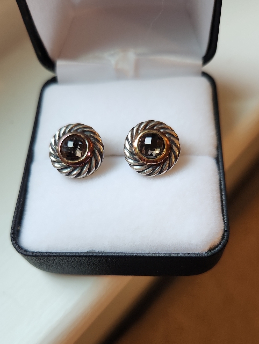 David Yurman twisted Rope Smoky Quartz Stud Earrings in Silver Tone